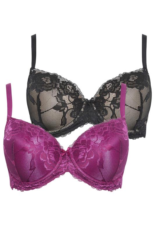 2 PACK Purple & Black Satin Lace Padded Bras | Yours Clothing 7