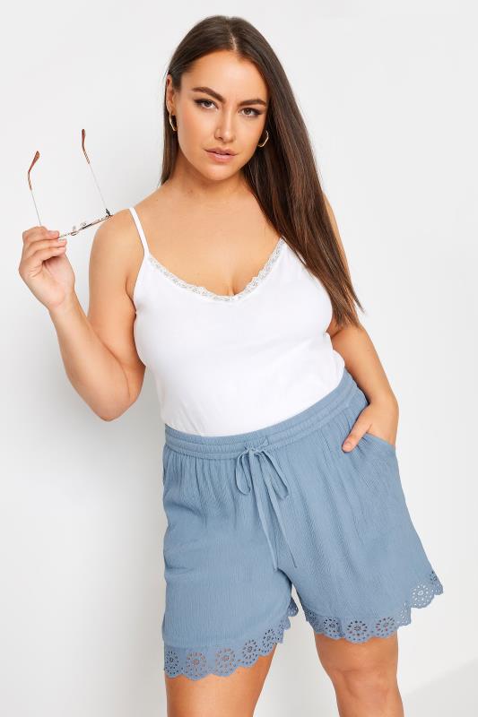  Tallas Grandes YOURS Curve Blue Broderie Anglaise Scalloped Shorts