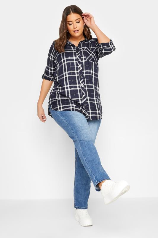 YOURS Plus Size Curve Navy Blue Check Boyfriend Shirt | Yours Clothing  2