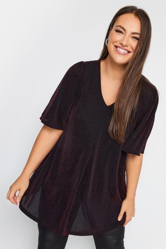 YOURS Plus Size Black & Red Glitter Pleated Swing Top | Yours Clothing 1