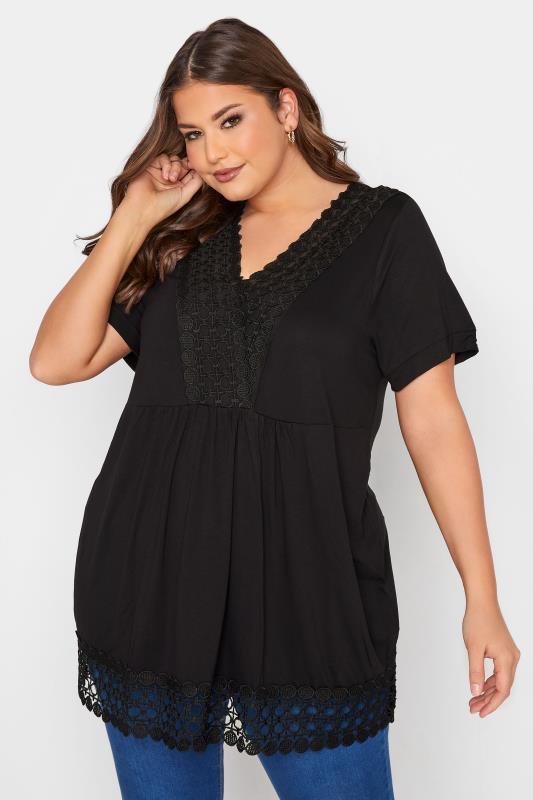  Grande Taille YOURS Curve Black Crochet Detail Peplum Tunic Top