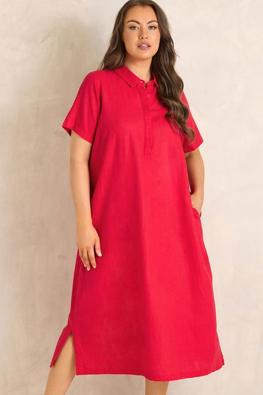 EVANS Plus Size Red Premium Linen Shirt Dress | Evans 1