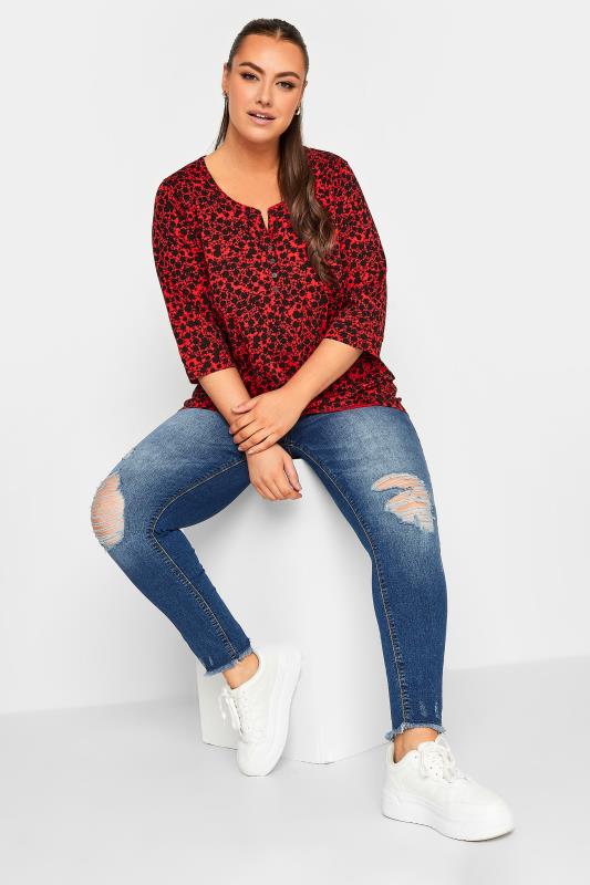 YOURS Plus Size 2 PACK Black & Red Ditsy Floral Pintuck Henley Tops | Yours Clothing 4