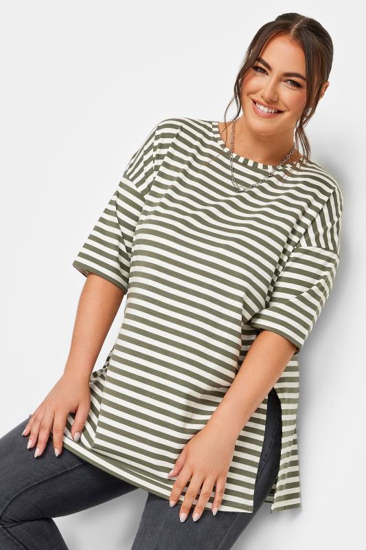 YOURS Curve Khaki Green Stripe Oversized T-Shirt | Yours Clothing 1