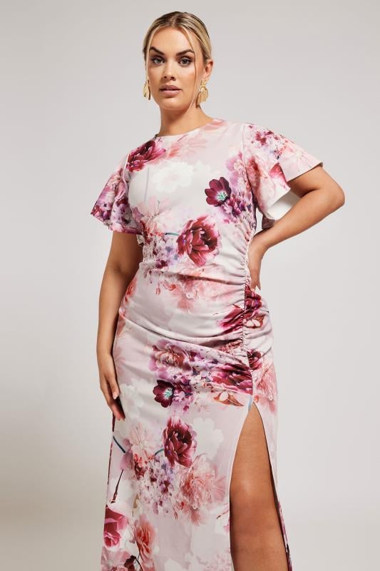 YOURS LONDON Plus Size Pink Floral Print Gathered Dress | Yours Clothing 2