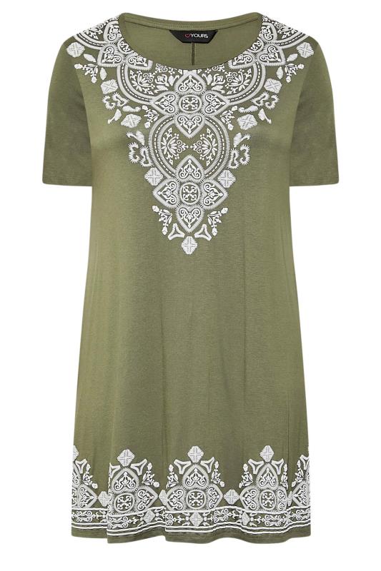 Plus Size Khaki Green Scarf Border Print Tunic Top | Yours Clothing 6