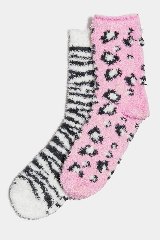 Plus Size 2 PACK Pink & White Animal Print Fluffy Ankle Socks | Yours Clothing 2