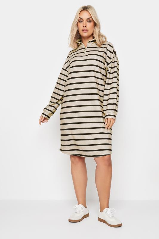 YOURS Plus Size Beige Brown & Black Stripe Soft Touch Jumper Dress | Yours Clothing 1