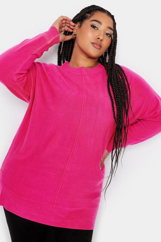 YOURS Plus Size Bright Pink Front Seam Detail Jumper | Yours Clothing 1