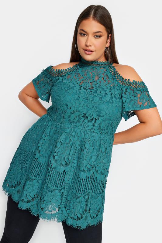  Grande Taille YOURS LONDON Curve Green Cold Shoulder Lace Top