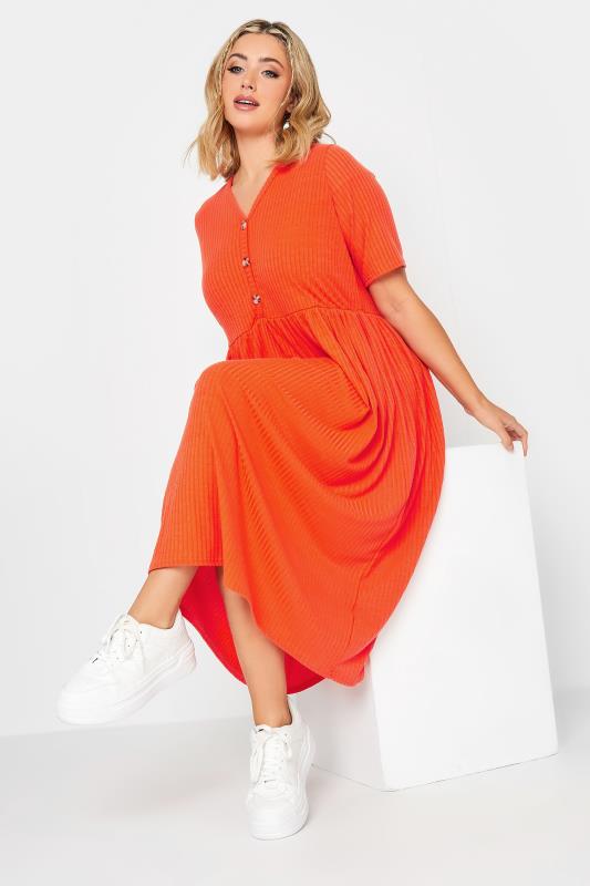 LIMITED COLLECTION Plus Size Orange Ribbed Peplum Midi Dress | Yours Clothing  2
