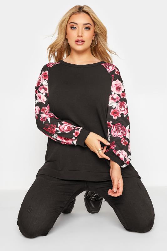 Plus Size LIMITED COLLECTION Black Floral Raglan Sleeve Sweatshirt | Yours Clothing 1
