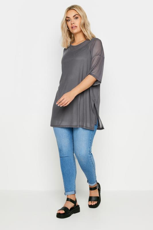 YOURS Plus Size Charcoal Grey Oversized Mesh Top | Yours Clothing 2