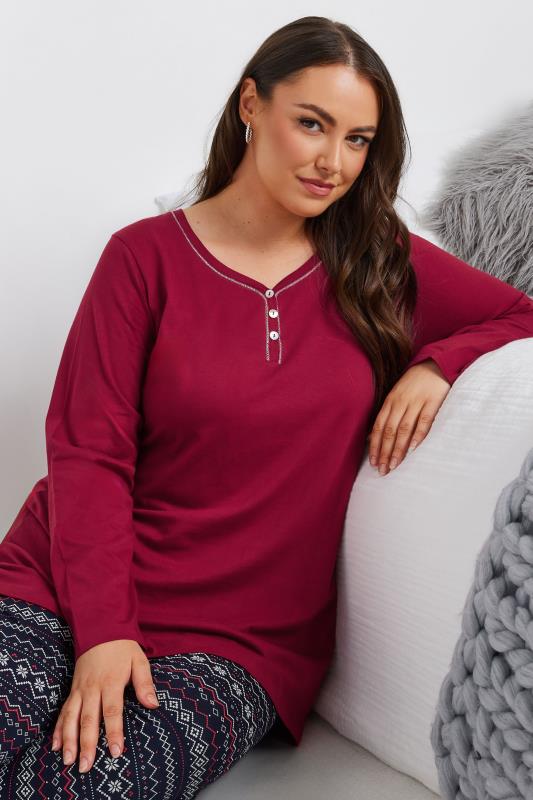 YOURS Plus Size Red Long Sleeve Placket Pyjama Top | Yours Clothing 2