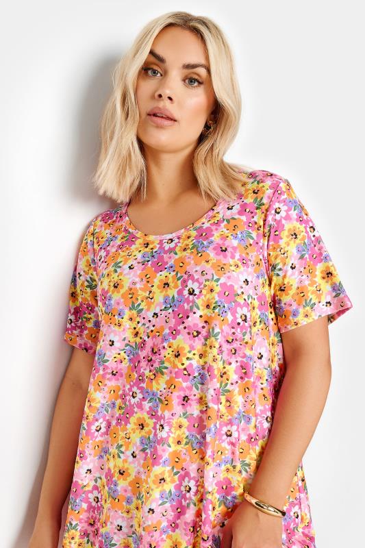 YOURS Plus Size Pink Floral Print Broderie Anglaise Swing T-Shirt | Yours Clothing 4
