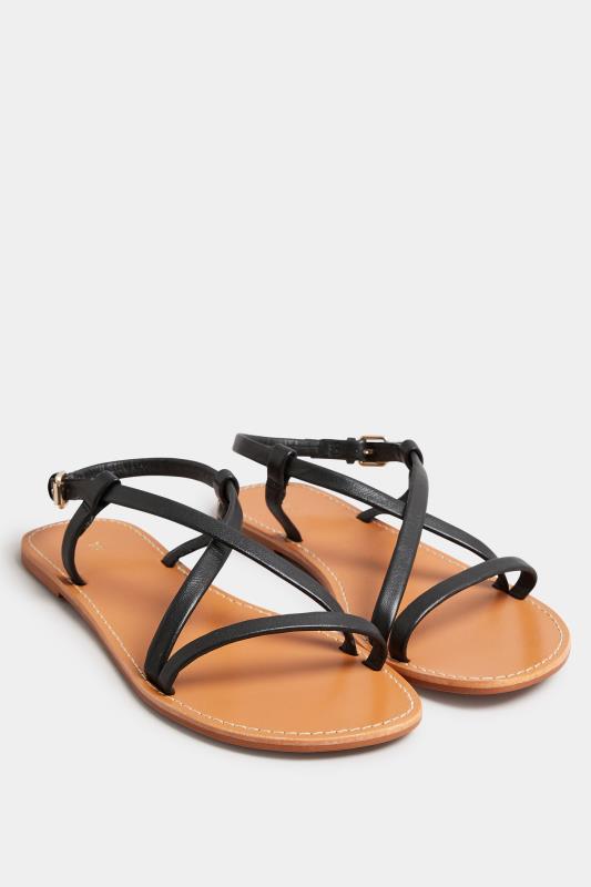 LTS Black Leather Crossover Strap Flat Sandals In Standard Fit | Long Tall Sally 2