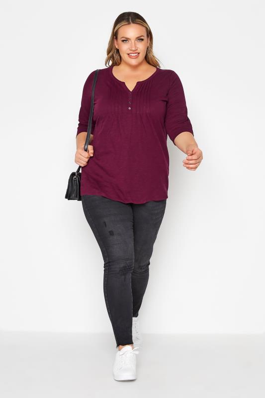 Plus Size Plum Purple Pintuck Henley Top | Yours Clothing 2