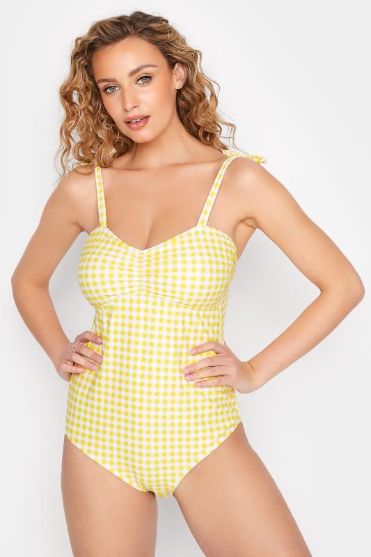 LTS Tall Women's Yellow Gingham Tie Shoulder Swimsuit | Long Tall Sally 1