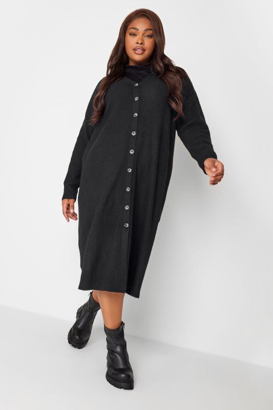 YOURS Curve Black Ribbed Midi Cardigan Dress | Yours Clothing 3