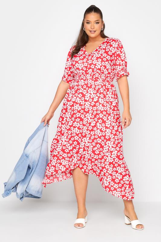 LIMITED COLLECTION Plus Size Red Floral Hanky Hem Dress | Yours Clothing 2