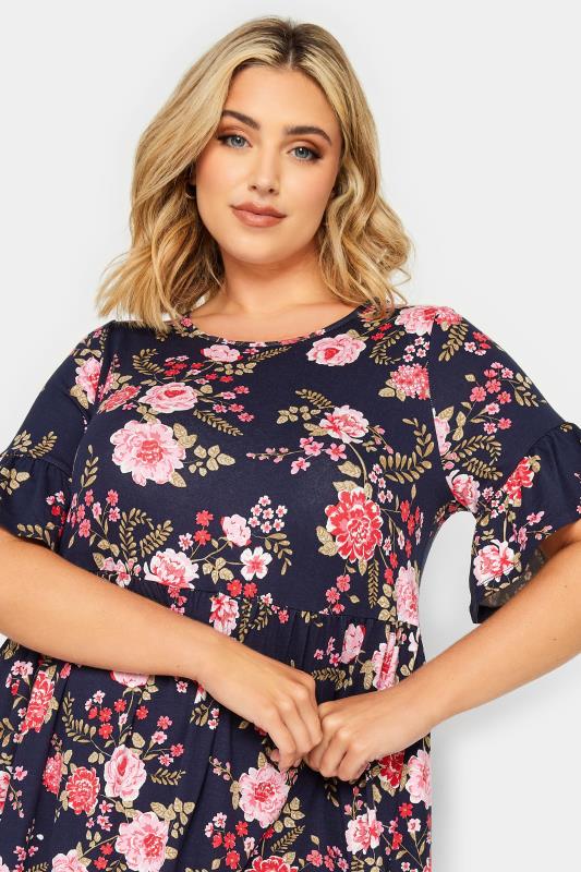 YOURS Curve Plus Size Dark Blue Ditsy Floral Print Smock Tunic Dress | Yours Clothing  4