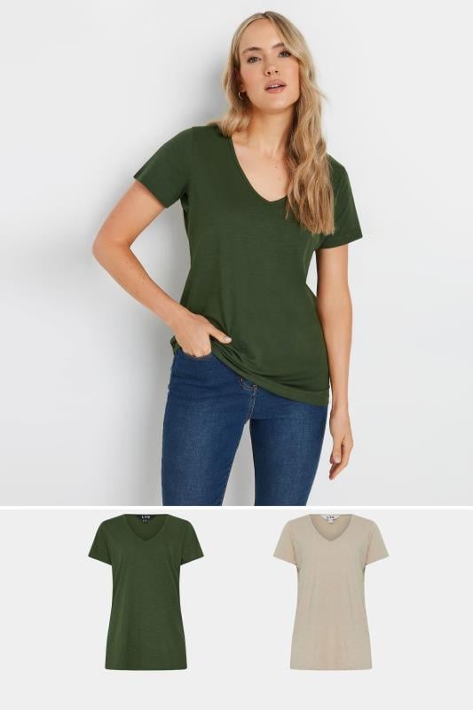  Grande Taille LTS Tall 2 Pack Khaki Green & Stone Brown V-Neck T-Shirts