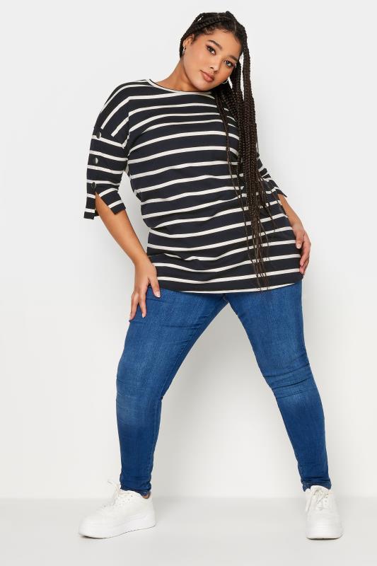YOURS Curve Navy Blue Striped Button Sleeve Top | Yours Clothing
