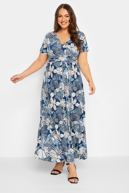 YOURS Plus Size Curve Blue Leaf Print Wrap Dress | Yours Clothing  1