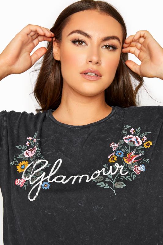 Curve Black 'Glamour' Slogan Print Embroidered Top 4