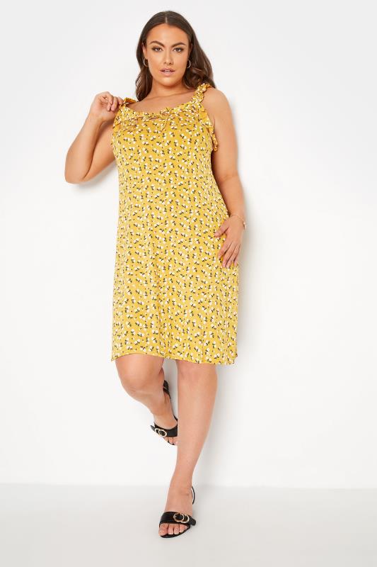 LIMITED COLLECTION Curve Yellow Floral Strappy Frill Dress_A.jpg
