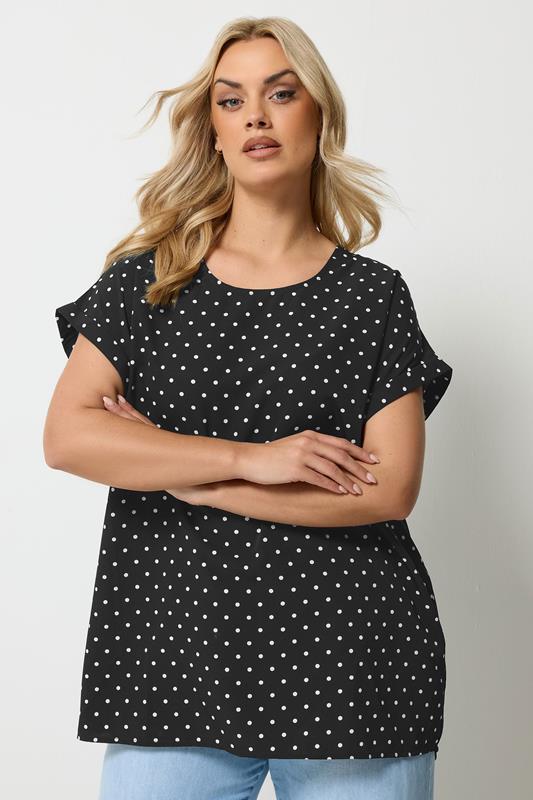 YOURS Plus Size Black Polka Dot Grown-On Sleeve Top | Yours Clothing 1
