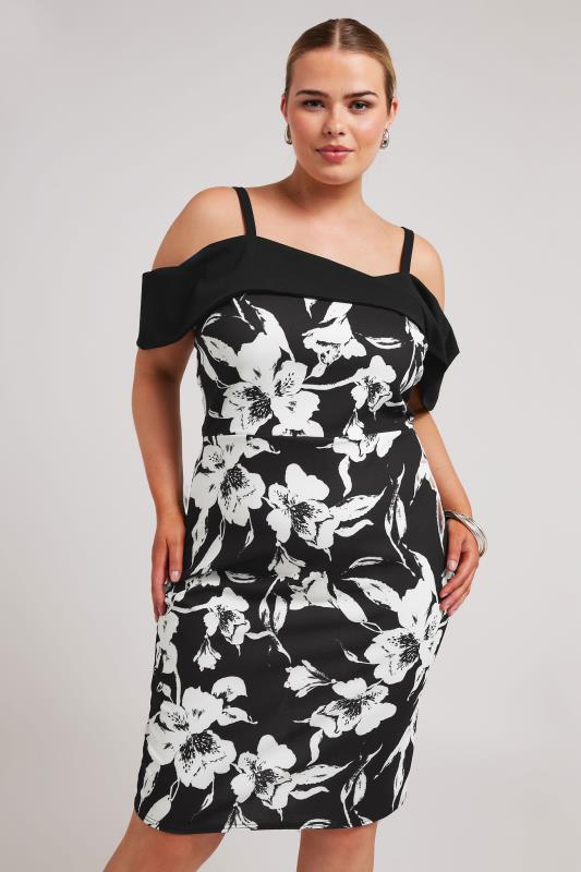 YOURS LONDON Plus Size Black Floral Print Bardot Shift Dress | Yours Clothing 1