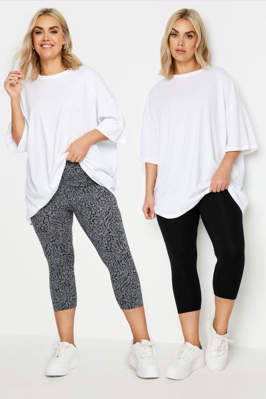 YOURS Plus Size 2 PACK Grey Animal Print Cropped Leggings | Yours Clothing 1