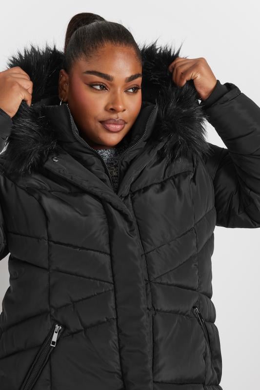 YOURS Plus Size Black Faux Fur Trim Puffer Coat Yours Clothing