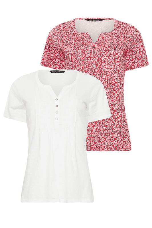 M&Co 2 PACK Red & White Floral Cotton Henley Tops | M&Co 7