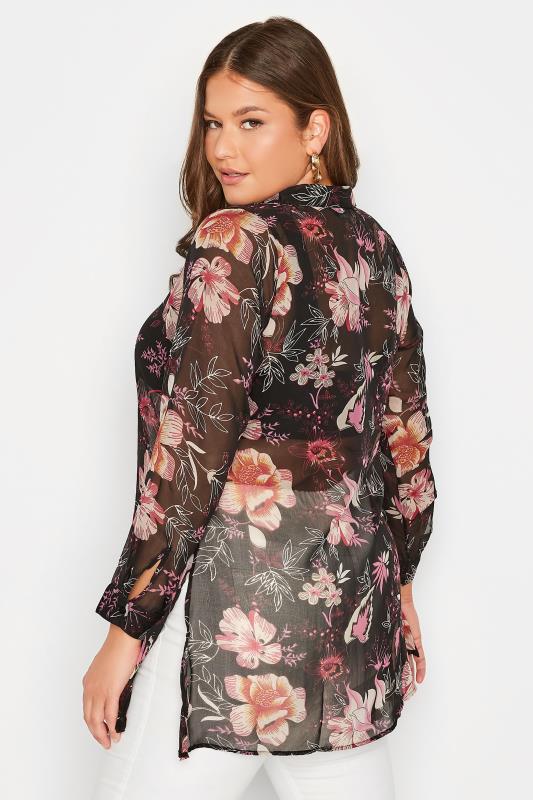 Plus Size Black & Pink Floral Print Button Through Shirt | Yours Clothing 4