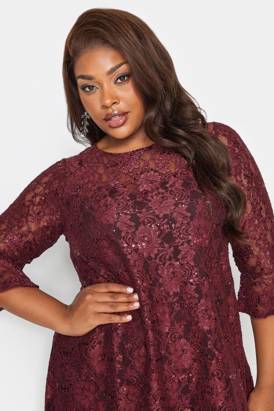 YOURS Plus Size Burgundy Red Lace Sequin Embellished Swing Dress | Yours Clothing 4