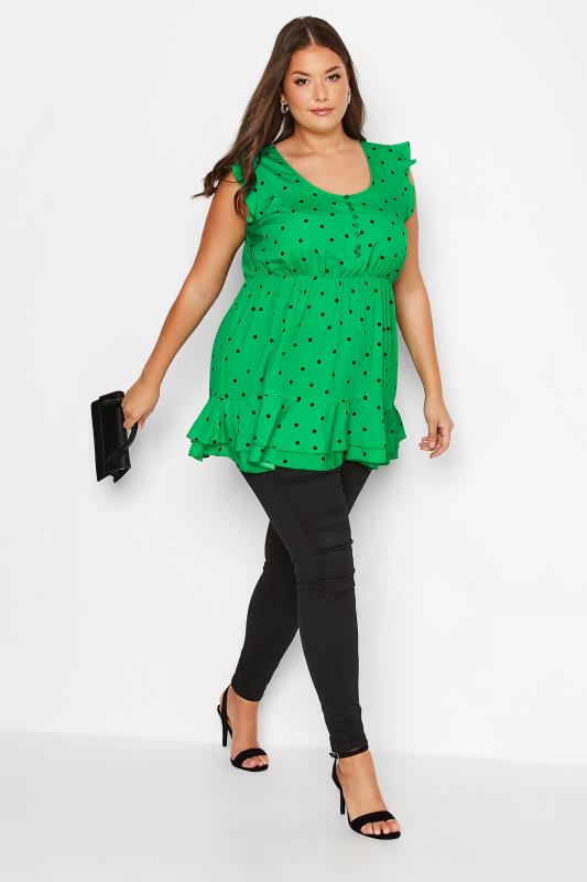 Plus Size Green Polka Dot Print Frill Sleeve Smock Top | Yours Clothing 2