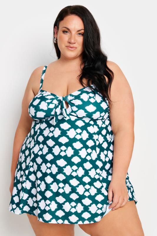 YOURS Plus Size Green Abstract Spot Knot Front Swim Dress | Yours Clothing 1
