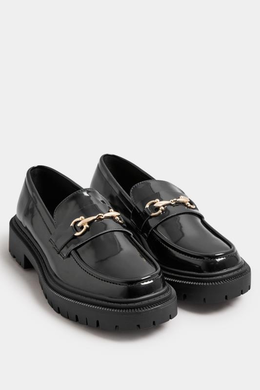 Petite  PixieGirl Black Chain Detail Patent Chunky Loafers In Standard Fit