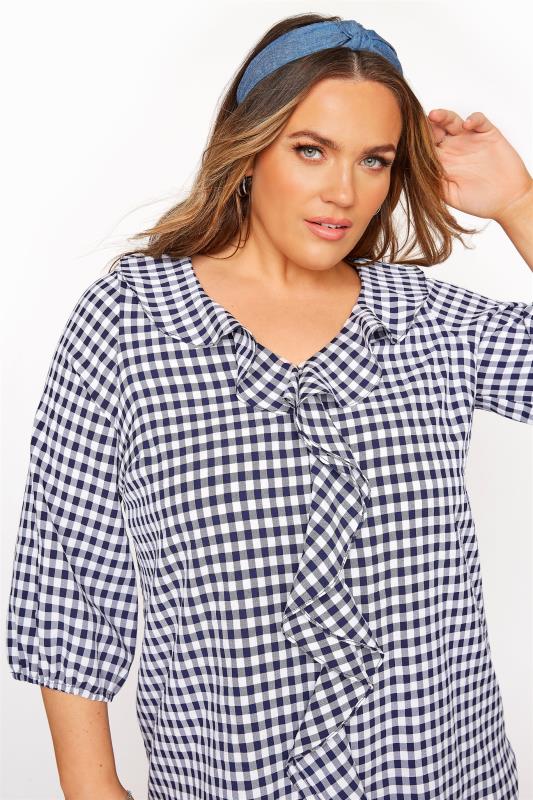 YOURS LONDON Blue Gingham Frill Front Blouse 4