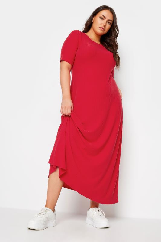 YOURS Plus Size Red Ribbed Swing Maxi Dress | Yours Clothing 1
