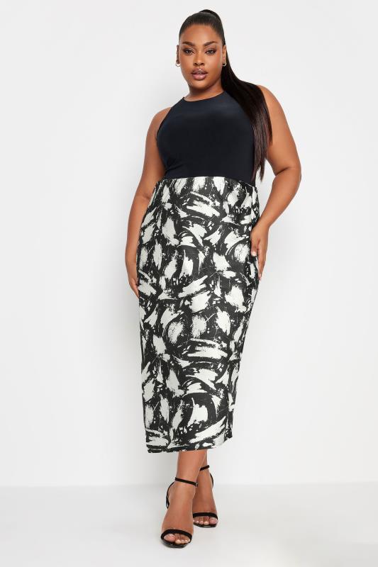 YOURS Plus Size Black & White Abstract Print Satin Midi Skirt | Yours Clothing  4