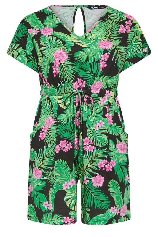 YOURS Plus Size Black Tropical Print Drawstring Playsuit | Yours Clothing 7