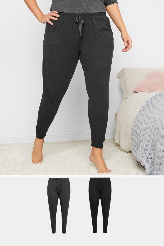 2 PACK Plus Size Black & Grey Cuffed Pyjama Bottoms | Yours Clothing 1