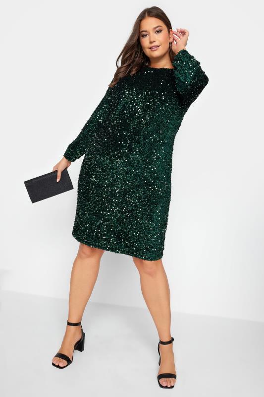 YOURS LONDON Plus Size Forest Green Long Sleeve Sequin Shift Dress | Yours Clothing 1