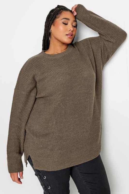 Plus Size  YOURS Curve Brown Ribbed Knit Jumper