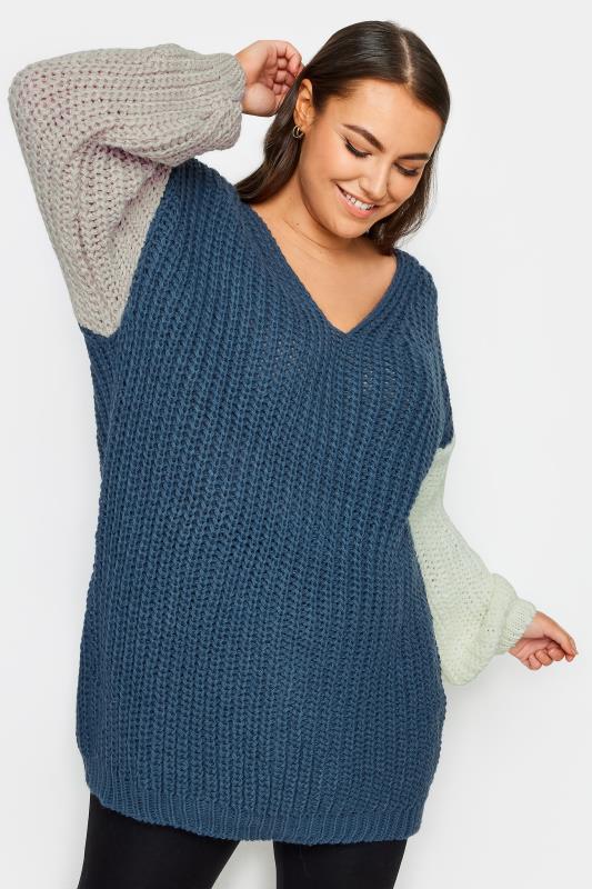 YOURS Plus Size Navy Blue Colourblock Chunky Knit Jumper | Yours Clothing 2