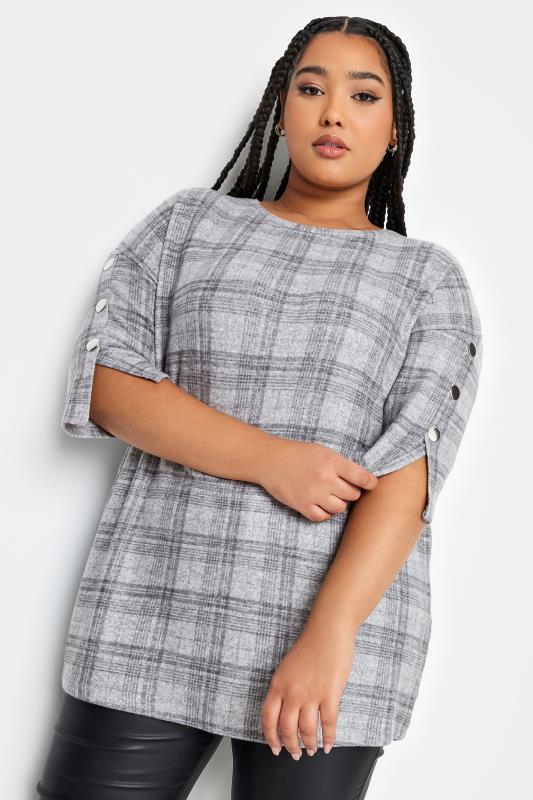 Plus Size  YOURS Curve Grey Check Print Soft Touch Button Detail Top
