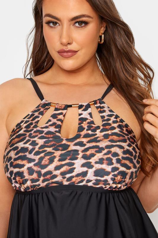 Plus Size Black Leopard Print Triple Keyhole Swim Dress | Yours Clothing 6